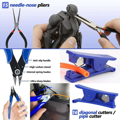 Needle-nose pliers and cutters from All In One 262 PC 3D Printer Tool Set With Tool Bag For Removal Trimming Finishing Sanding Cleaning.