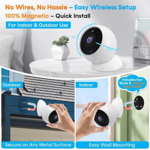 2 Pack Wireless Outdoor Security Cameras With Magnetic Mounts No Drill Setup Hassle Free Indoor Use Smart 2K WiFi Long Battery Life AI Motion Detection For Home Security shown on a table, outdoor railing, and indoor wall.