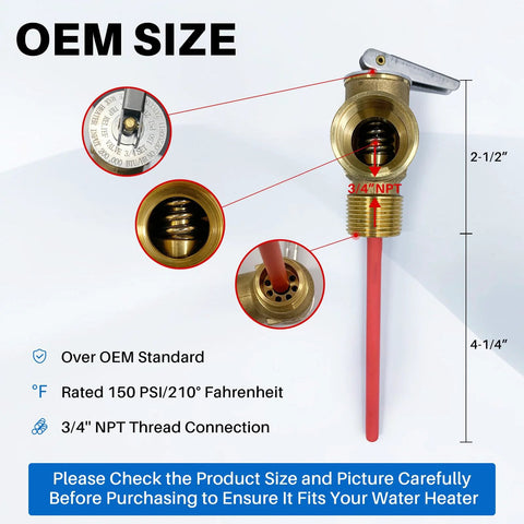 Relief valve for RV water heater, brass 3/4 inch NPT with extended probe and red hose