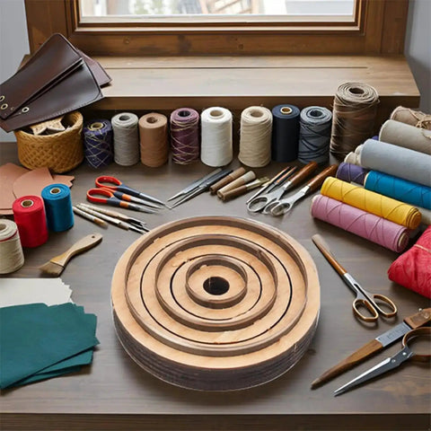 3-Piece Round Leather Cutting Die Set with wooden base and Japanese precision steel blades on crafting table with tools and fabric.