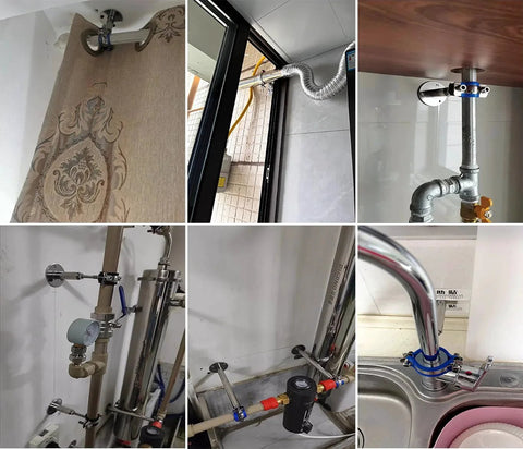 Stainless Steel 304 Wall And Ceiling Pipe Mounts Two Pack, Adjustable Pipe Clamps And Hangers for 48 to 51 mm OD Pipes installed.