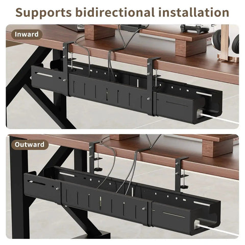 Expandable Under Desk Cable Management Tray Clamp-On For Home Office And Standing Desk, Heavy Duty Carbon Steel Hidden Cord Organizer, No Drill Installation shown installed inward and outward.