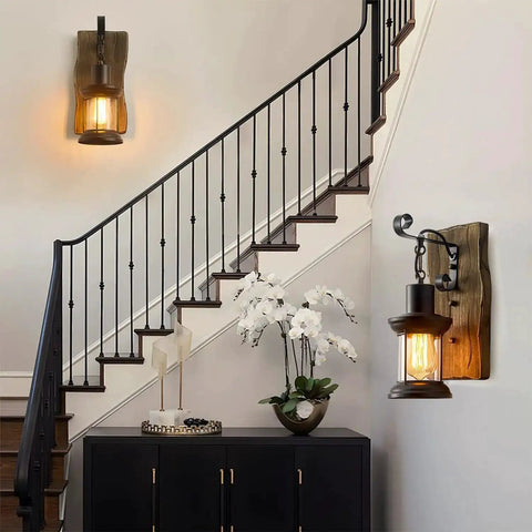 Set Of Two Rustic Industrial Wall Sconces In Black Metal With Wood Backplate Farmhouse Indoor Lighting for hallway staircase