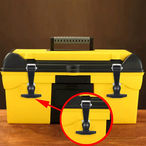 Front view of yellow toolbox with 4.6 Rubber Flexible T Handle Draw Latches With Brackets For Toolbox Golf Cart attached.