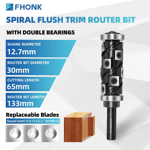 Spiral Flush Trim Router Bit, One Half Inch Shank, 65mm Cutting Length, 32mm Diameter, Top And Bottom Bearing, Heavy Duty CNC Woodworking Bit With Replaceable Carbide Inserts, 12 Piece Set For Precise Flush Cutting And Trimming