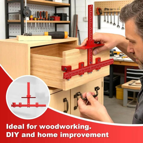 Adjustable Cabinet Hardware Jig For Precise Handle Installation Drill Guide Pro Grade in use on a wooden drawer