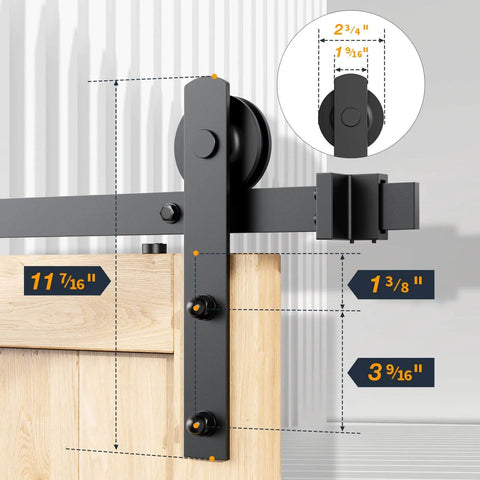 Close-up of black I shape 12 Foot Heavy Duty Sliding Barn Door Hardware Kit for double doors with measurements shown