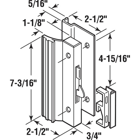 Diagram of Diecast Mill Finish Sliding Patio Door Surface Mount Handle With Anti Lift Hook Latch for Older Style Doors