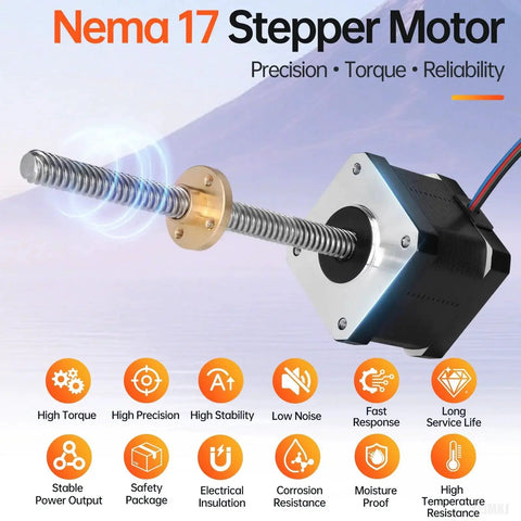 Nema 17 Stepper Motor With TR8x8 Lead Screw 150mm For 3D Printers CNC Machines And DIY Robots shown with precision icons