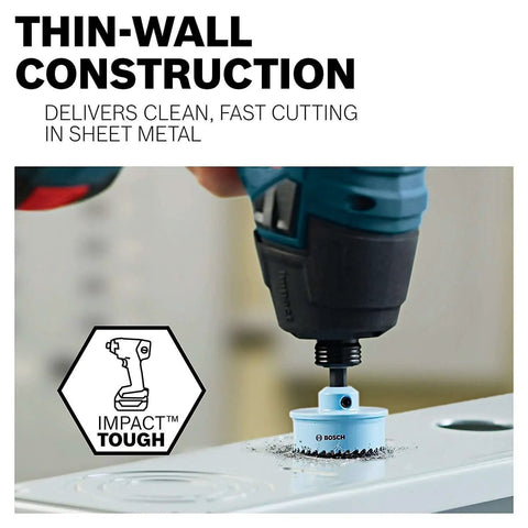 Edge Impact Tough Seven Eighths Inch Hole Saw For Sheet Metal With 2X Life Bi Metal 8 TPI Teeth And Depth Stop For Clean Fast Cuts In High Torque Drills By Bosch during use