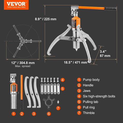 Diagram of 15 Ton Hydraulic Gear Puller With 12in Jaws For Bearing Removal Case Included, showing parts and dimensions.