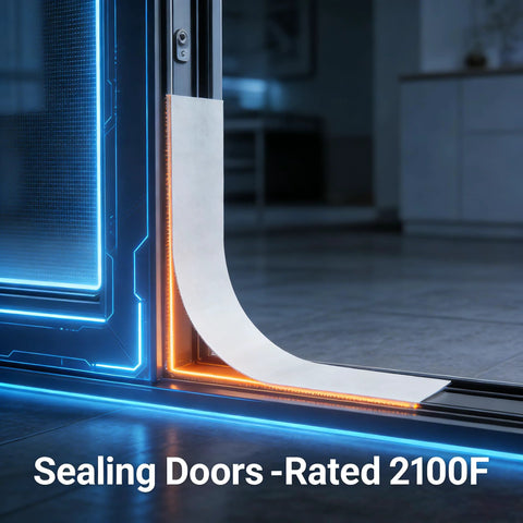 High-temperature gasket paper strip for furnaces and stoves, 7 x 10 x 1/8 inch, two-pack shown installed on a door edge