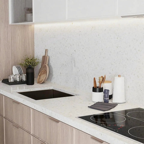 Modern kitchen featuring Finger Edge Pulls Self-Adhesive 8 Pack Concealed Cabinet Drawer Handles Modern Curved Aluminum Alloy.