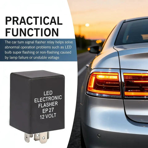 5 Pin LED Turn Signal Flasher Relay for Hyper Flash Fix EP27N next to rear view of car with lit turn signal