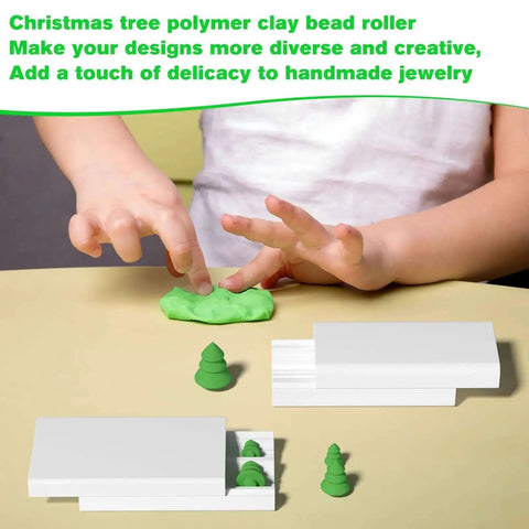 Child using Christmas Tree Polymer Clay Bead Roller Set With 2 Rolls For Modeling Clay, creating small green tree beads for crafts