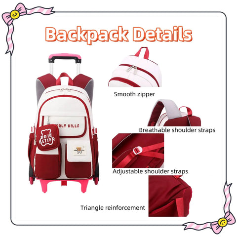 Color Blocking Rolling Backpack For Girls With Wheels Kawaii Trolley Bag For Primary Students with pocket and strap details