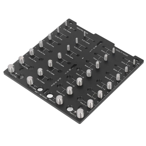 Aluminum Alloy Thread Checker Bolt Nut Identifier Board With 28 Holes For Metric And SAE Threads, top view showing threaded holes.