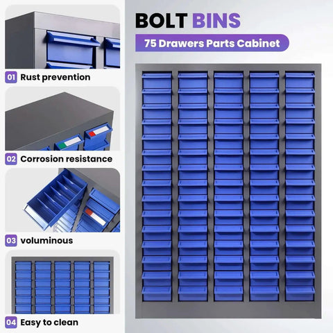 75 Drawer Nut And Bolt Organizer Cabinet With Acrylic Adjustable Shelves for storage in workshop or garage.