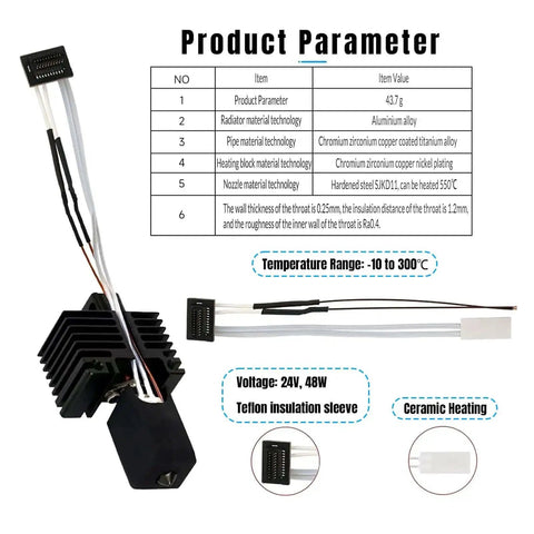 Diagram of hotend upgrade kit parameters for P1P/P1S printers, showing material details and temperature specifications.