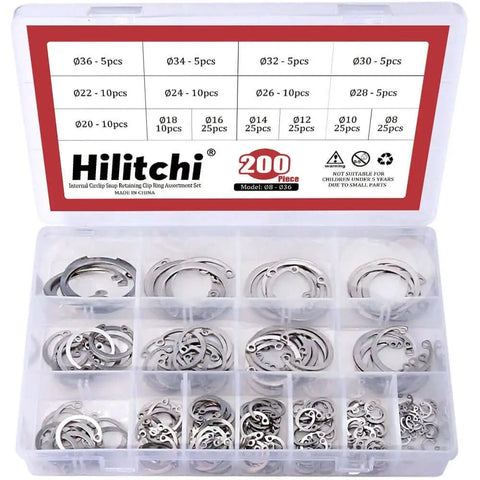 Internal Circlip Snap Ring Kit 200-Piece 15-Size Assortment In 304 Stainless Steel for Rust-Resistant Retaining Rings in box