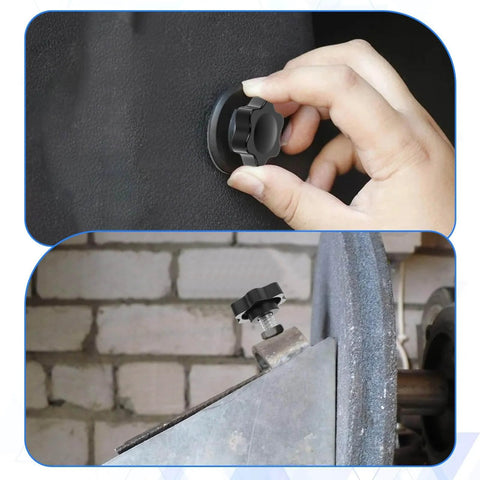 1/4-20 Knurled Thumb Screws Set, Black Plastic Knobs being used on machinery and furniture, showing hand adjustability.