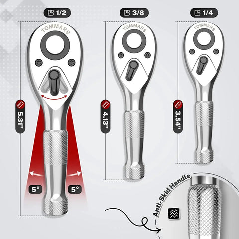 Stubby Ratchet Set With 1/4 Inch, 3/8 Inch And 1/2 Inch Drives, 72-Tooth Quick-Release Reversible Ratchets with anti-slip handle shown
