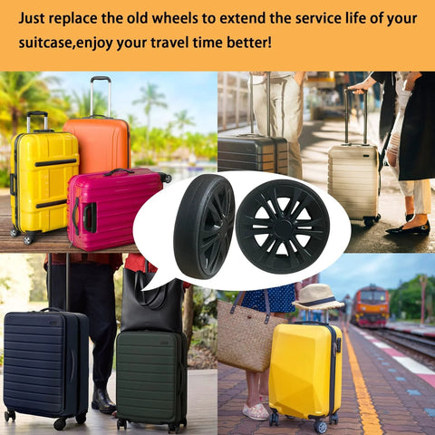 Luggage Wheel Replacement Kit For Suitcases And Travel Bags With 2.11 Inch Double Swivel Wheels next to colorful airport luggage.