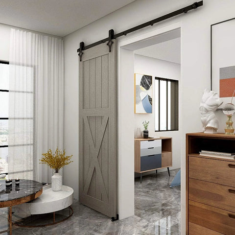 7 Ft Sliding Barn Door Hardware Kit With Floor Guide, Heavy Duty Modern Style, frosted black steel track in home interior