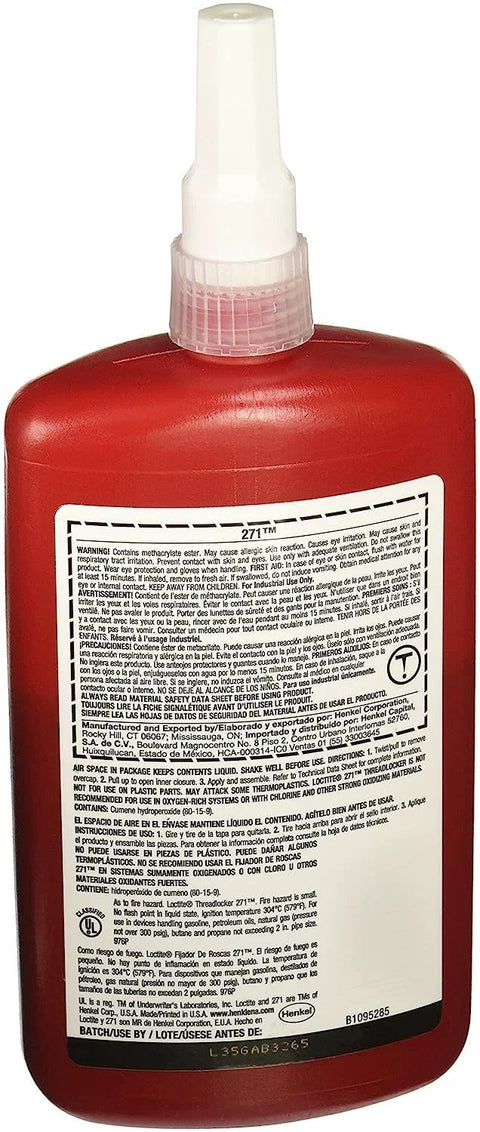 Back view of Heavy Duty Red Threadlocker Adhesive, High Strength, Low Viscosity Methacrylate, UV Fluorescent For Easy Inspection, 250 Ml Bottle