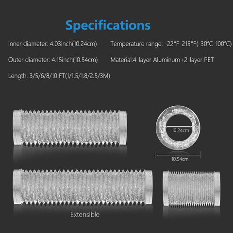 Heavy Duty Dryer Vent Hose 4 Inch Diameter 8 Foot Length Flexible Exhaust Ducting With Thick 6 Ply Aluminum Foil Insulation