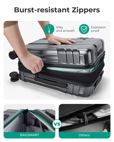Hands expanding a gray suitcase, showcasing burst-resistant zippers on the Expandable Carry On Luggage Airline Approved 22x14x9 Inches.