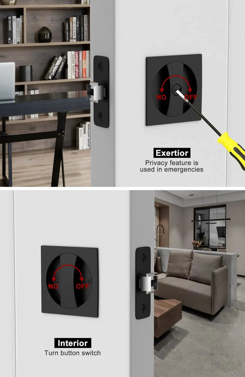 Matte Black Pocket Door Lock Set In Zinc Alloy, 2-3/8 Backset, Square Handles, Privacy Lock For Bathroom And Closet Doors shown in use.