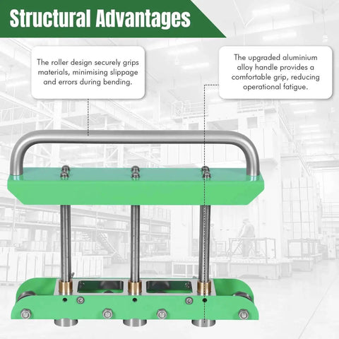 Close-up of Heavy Duty Sheet Metal Bender Station 0 to 90 Degree Bending Machine showing roller design and aluminum handle.