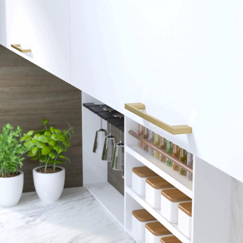 Kitchen view of Armadale Collection Champagne Bronze Modern Rectangular Cabinet And Drawer Pull Handle In Six And Five Sixteenth Inch Center To Center Seven And Half Inch Length One And Eighth Inch Projection For Kitchen Bathroom And Furniture installed on white cabinets