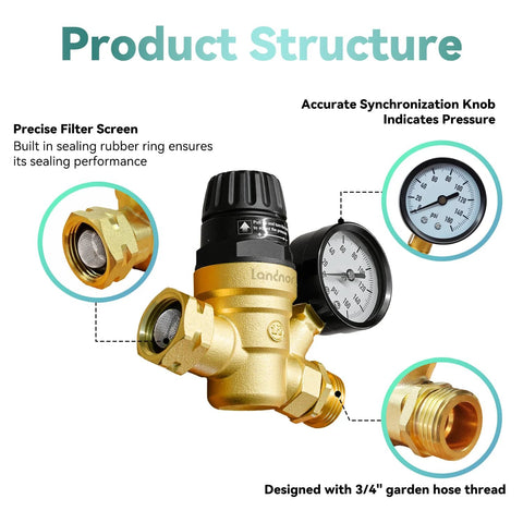 LANDNOR RV water pressure regulator valve with adjustable knob, brass lead-free body, gauge and 3/4 inch garden hose thread.