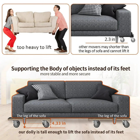 Diagram showing a sofa lifted by a Wood Platform Dolly With Four Wheels Heavy Duty Furniture Mover 550 Lbs Capacity Pack Of 2 Christmas Edition.