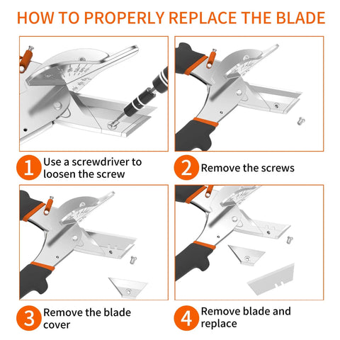 Step-by-step guide to replace blade of multi-angle miter shear cutter set adjustable 45 to 135 degrees, tool and spare blades shown
