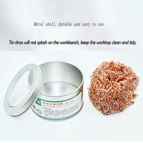 Soldering Iron Tip Cleaner Wire With Brass Sponge For Cleaning Soldering Iron Heads And Tips, shown in metal container