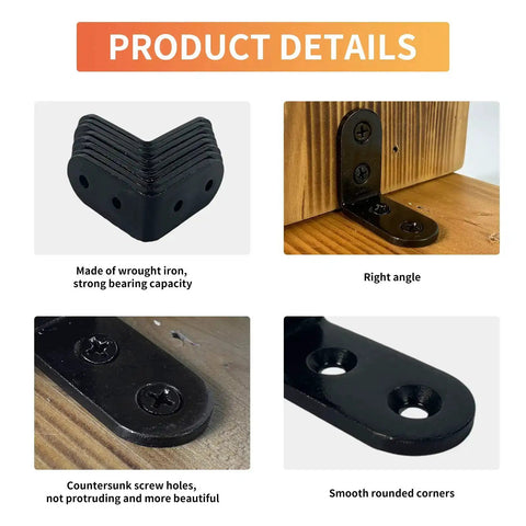 Heavy Duty 2x2 Inch L Corner Brackets 20 Pack Black Right Angle Shelf Supports For Shelves Wood Furniture And Cabinets With Screws Built To Last Tough As Nails For Your DIY Projects product details showing stacked black brackets, installed on wood, close-up on countersunk screw holes and rounded corners.