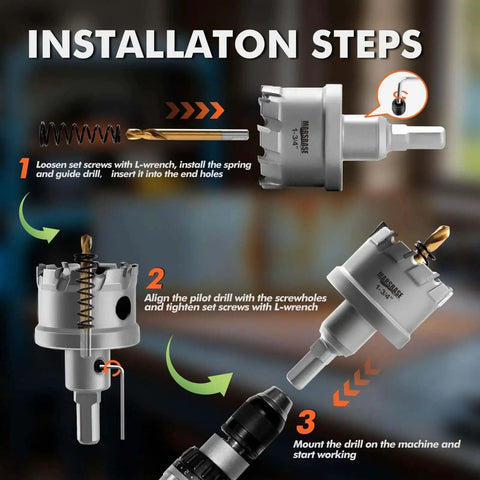 Installation steps for Pro Grade Tungsten Carbide Tipped Hole Saw Kit For Metal Sixteen Piece Set for precise metal drilling.