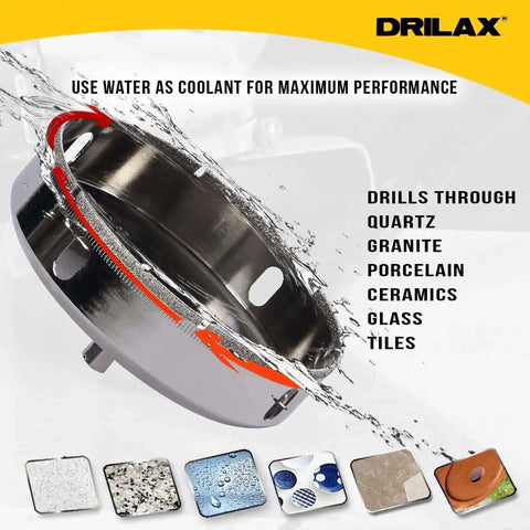 Four And A Half Inch Diamond Hole Saw With Guide For Tile Porcelain Ceramic Glass And Stone Drilling Delivers Clean Chip Free Circular Cuts For Toilet Cutouts Drains Recessed Lights And HVAC Openings Perfect For Big Tile Jobs Drilax displayed with mentioned materials.