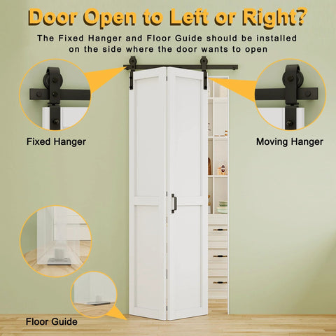 40 By 84 Inch Paintable White Primed Bi Fold Barn Door With Track Kit For Interior Doors Water Resistant Bifold Sliding Door For Closet Pantry Laundry Room Easy Install Space Saver H Shape Panels installed with open door view showing fixed and moving hangers and floor guide