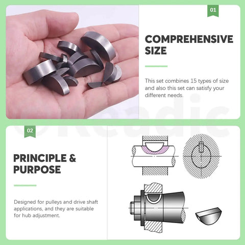 Hand holding comprehensive Woodruff Key Assortment Pack 150 Pcs In 15 Metric Sizes Carbon Steel Half Moon Keys for gears and shafts.