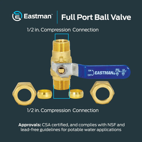 Image of Heavy Duty One Half Inch Compression Full Port Brass Ball Valve For Plumbing, Eastman 20096LF Inline Shutoff Valve with accessories visible.