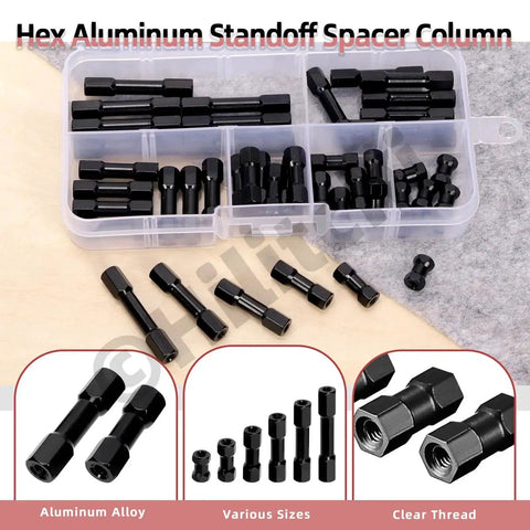 48 Piece Hex Aluminum Standoff Spacer Kit In 6 Sizes M3 Black Hex Columns for Drones Quadcopters DIY showing various sizes