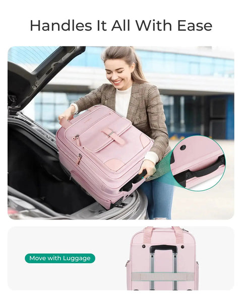 Woman loading BAGSMART underseat carry on luggage with wheels into a car trunk, baby pink, lightweight, airline approved, stylish.