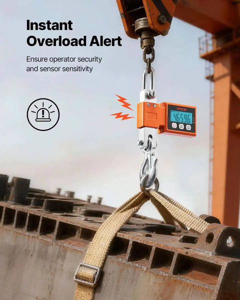 Digital Crane Scale 1100 Lbs 500 Kg Capacity With Cast Aluminum Case LCD Display in use, showing overload alert on construction site.