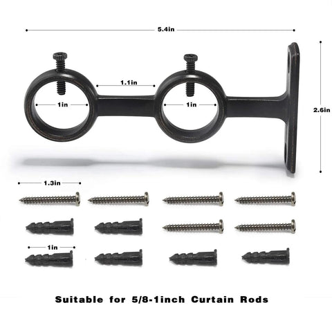 Detailed view of Three Piece Adjustable Curtain Rod Brackets Set With Double Wall Mount Holders and mounting hardware.