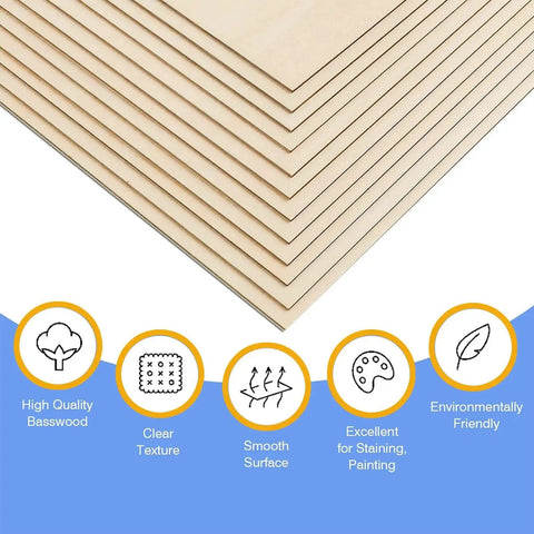 Stack of 20 Pack 4x8 Inch Basswood Sheets One Eighth Inch Thick Unfinished Plywood For Crafts DIY Ornaments Drawing Painting Engraving Staining Model Carving Wood Burning Laser Cutting Perfect For Crafters, with icons below showing features like high quality basswood and smooth surface.