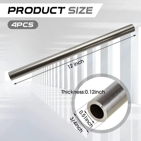 Four Pack Cold Rolled Steel Round Tubes Seamless For DIY And Industry Projects Three Quarters Inch Outer Diameter Zero Point Five One Inch Inner Diameter Point One Two Inch Wall Twelve Inch Length Durable And Versatile Gisafai showing size dimensions.